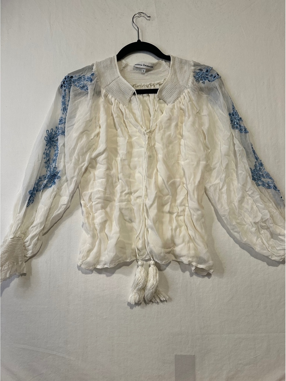 Karina Grimaldi Silk Blend Embroidered Boho Blouse Tassel White Blue M